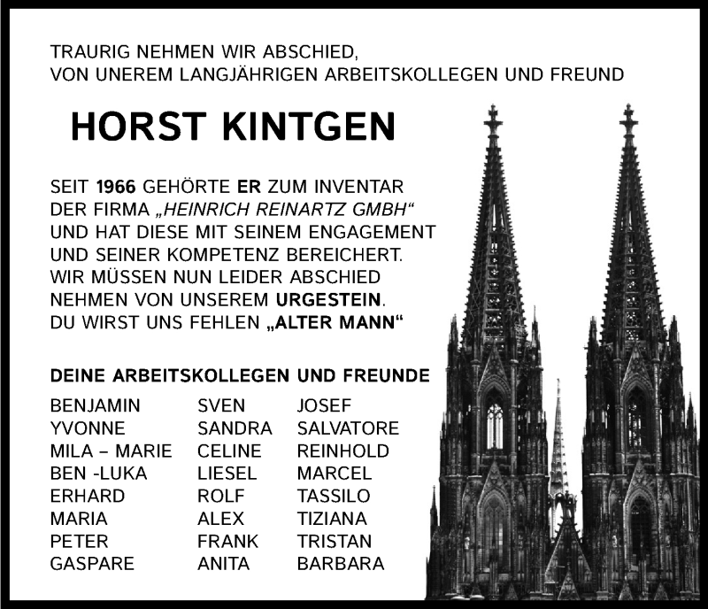  Traueranzeige für Horst Kintgen vom 06.02.2021 aus Kölner Stadt-Anzeiger / Kölnische Rundschau / Express