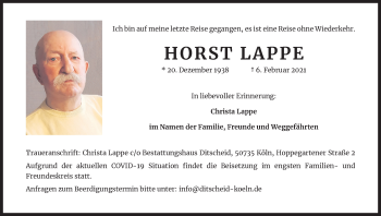 Anzeige von Horst Lappe von Kölner Stadt-Anzeiger / Kölnische Rundschau / Express