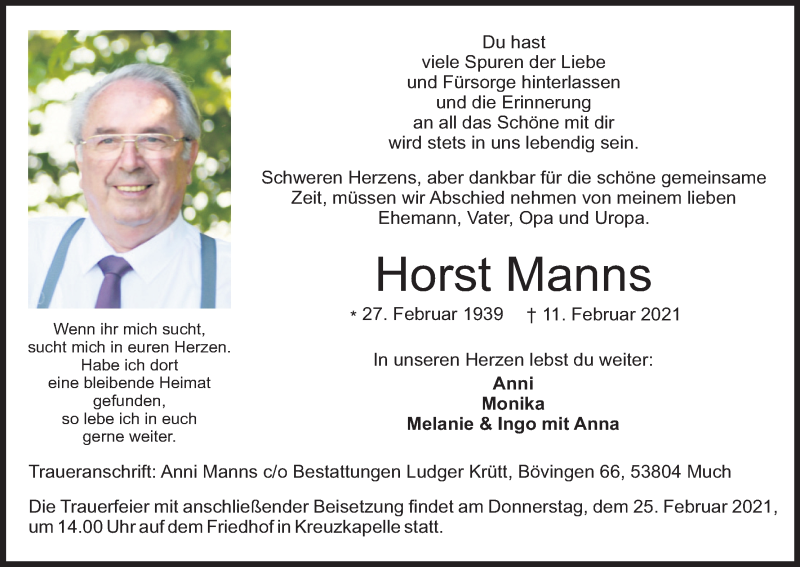  Traueranzeige für Horst Manns vom 17.02.2021 aus Kölner Stadt-Anzeiger / Kölnische Rundschau / Express
