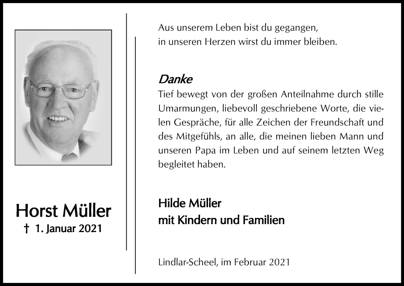  Traueranzeige für Horst Müller vom 06.02.2021 aus Kölner Stadt-Anzeiger / Kölnische Rundschau / Express