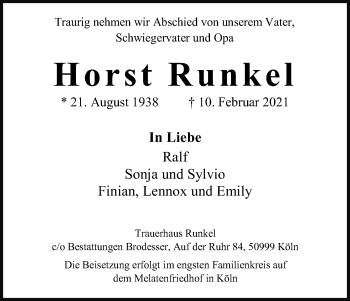 Anzeige von Horst Runkel von Kölner Stadt-Anzeiger / Kölnische Rundschau / Express