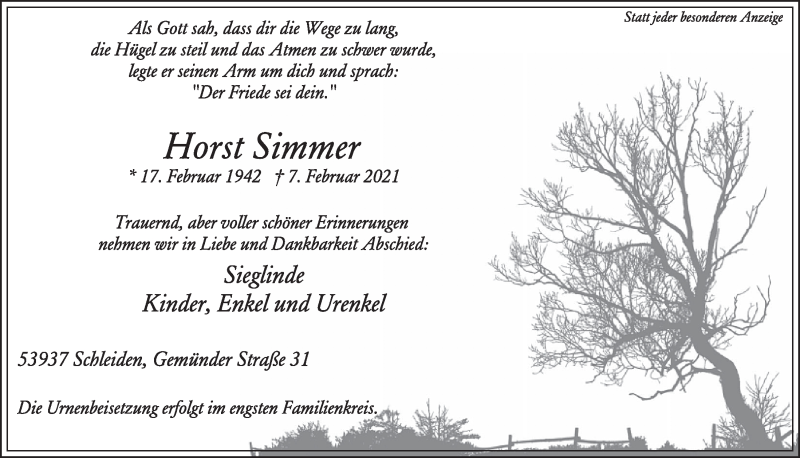  Traueranzeige für Horst Simmer vom 12.02.2021 aus  Schlossbote/Werbekurier 