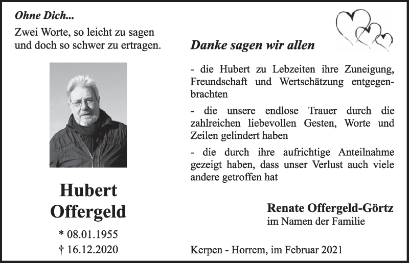  Traueranzeige für Hubert Offergeld vom 05.02.2021 aus  Werbepost 