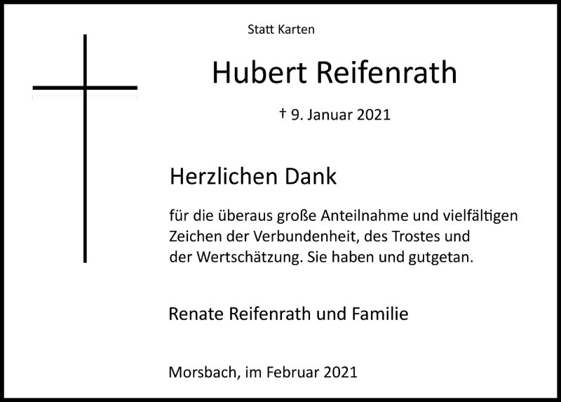  Traueranzeige für Hubert Reifenrath vom 19.02.2021 aus  Lokalanzeiger 