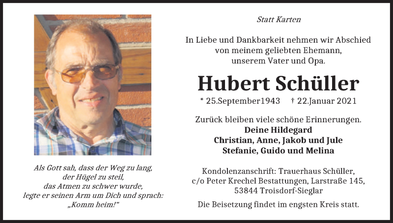  Traueranzeige für Hubert Schüller vom 06.02.2021 aus Kölner Stadt-Anzeiger / Kölnische Rundschau / Express