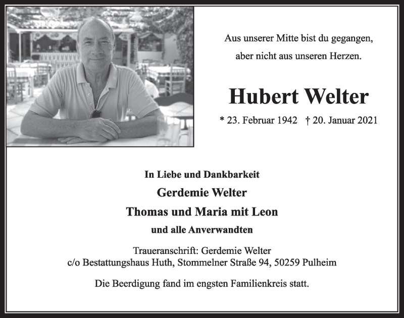 Traueranzeige für Hubert Welter vom 05.02.2021 aus  Wochenende 