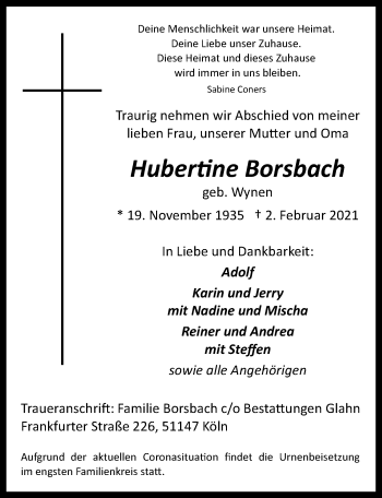 Anzeige von Hubertine Borsbach von  Kölner Wochenspiegel 