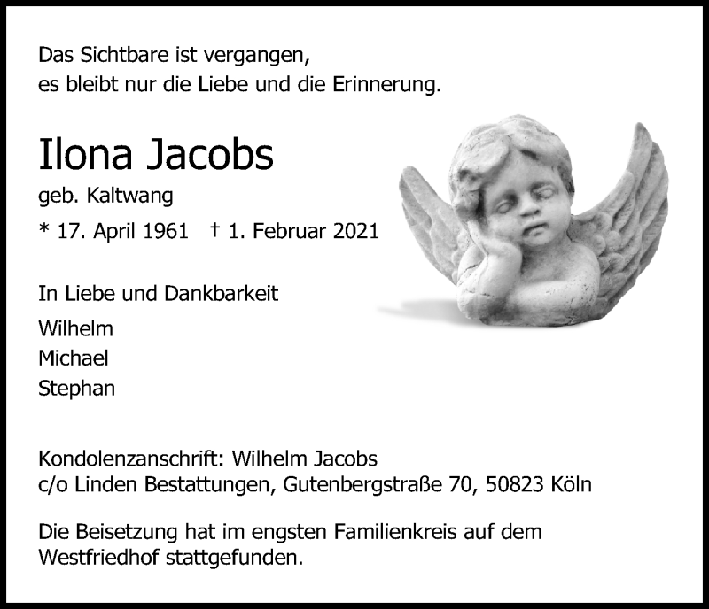  Traueranzeige für Ilona Jacobs vom 13.02.2021 aus Kölner Stadt-Anzeiger / Kölnische Rundschau / Express