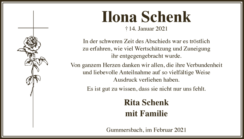  Traueranzeige für Ilona Schenk vom 26.02.2021 aus  Anzeigen Echo 