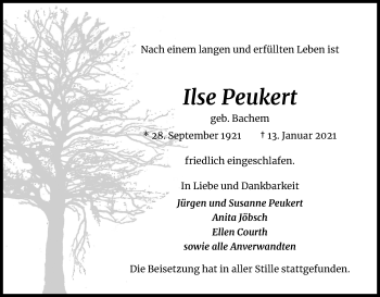 Anzeige von Ilse Peukert von Kölner Stadt-Anzeiger / Kölnische Rundschau / Express