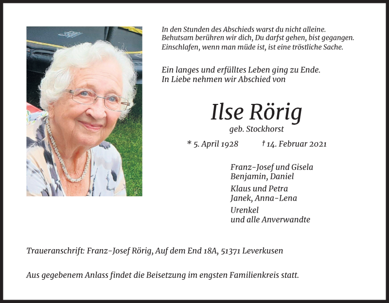  Traueranzeige für Ilse Rörig vom 20.02.2021 aus Kölner Stadt-Anzeiger / Kölnische Rundschau / Express