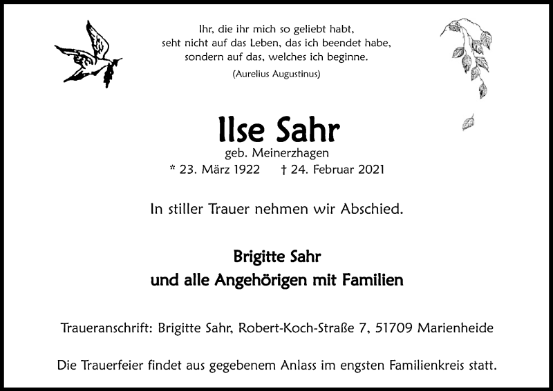  Traueranzeige für Ilse Sahr vom 27.02.2021 aus Kölner Stadt-Anzeiger / Kölnische Rundschau / Express