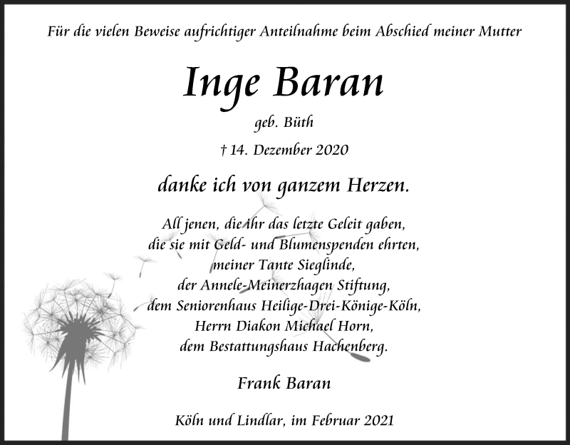  Traueranzeige für Inge Baran vom 27.02.2021 aus Kölner Stadt-Anzeiger / Kölnische Rundschau / Express