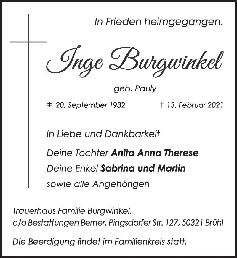  Traueranzeige für Inge Burgwinkel vom 19.02.2021 aus  Schlossbote/Werbekurier 