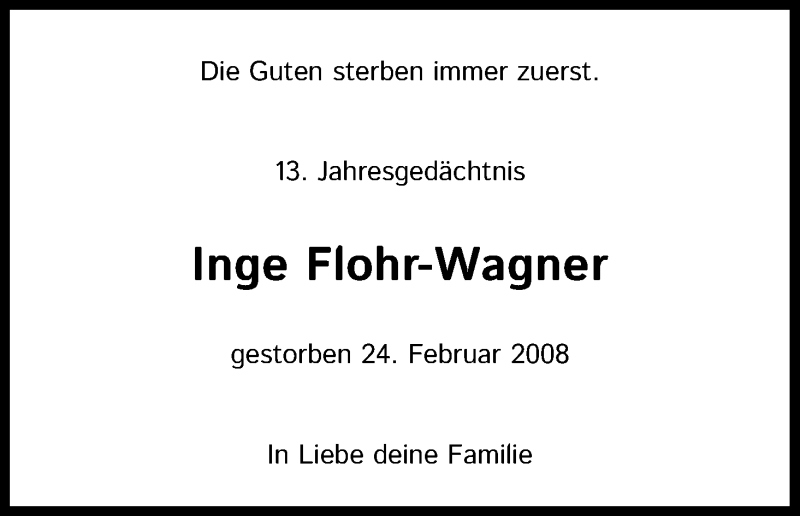  Traueranzeige für Inge Flohr-Wagner vom 24.02.2021 aus Kölner Stadt-Anzeiger / Kölnische Rundschau / Express