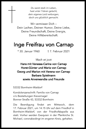 Anzeige von Inge Freifrau von Carnap von Kölner Stadt-Anzeiger / Kölnische Rundschau / Express