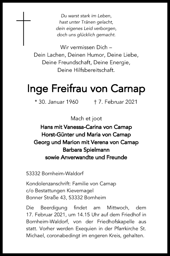  Traueranzeige für Inge Freifrau von Carnap vom 13.02.2021 aus Kölner Stadt-Anzeiger / Kölnische Rundschau / Express