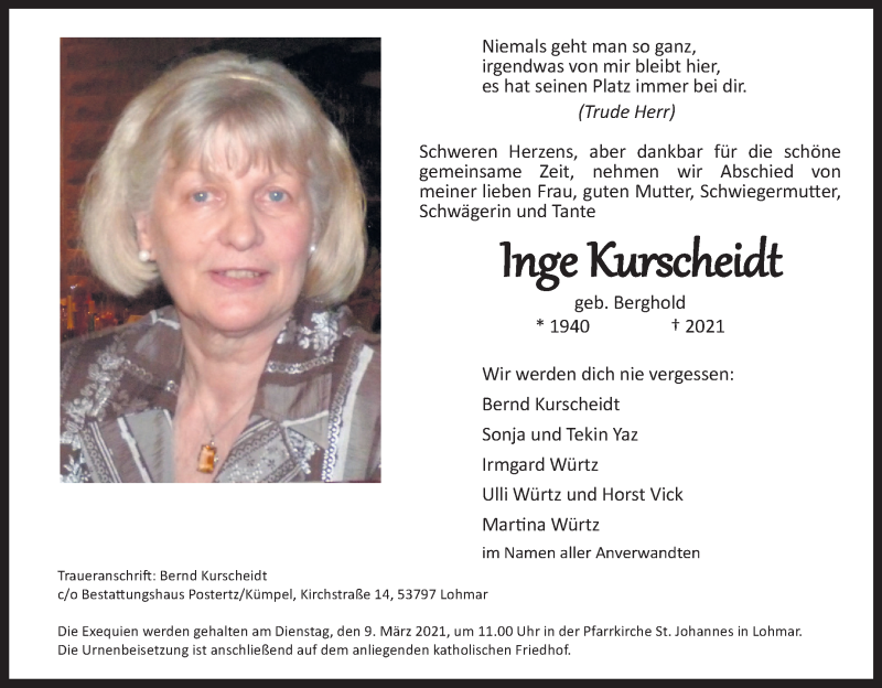  Traueranzeige für Inge Kurscheidt vom 20.02.2021 aus Kölner Stadt-Anzeiger / Kölnische Rundschau / Express