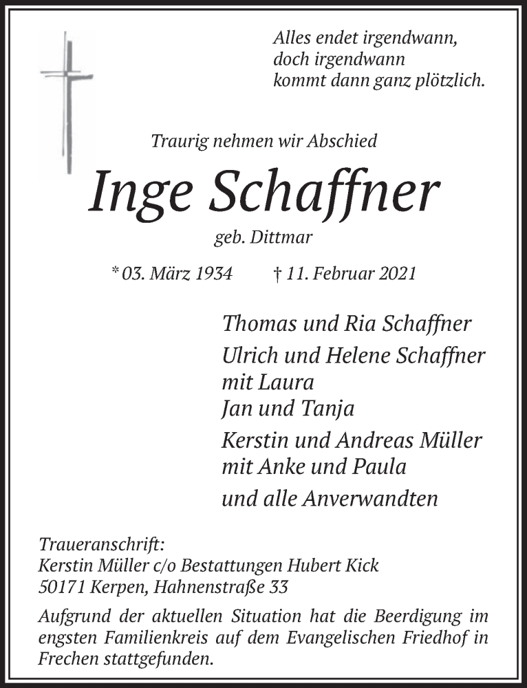  Traueranzeige für Inge Schaffner vom 19.02.2021 aus  Werbepost 
