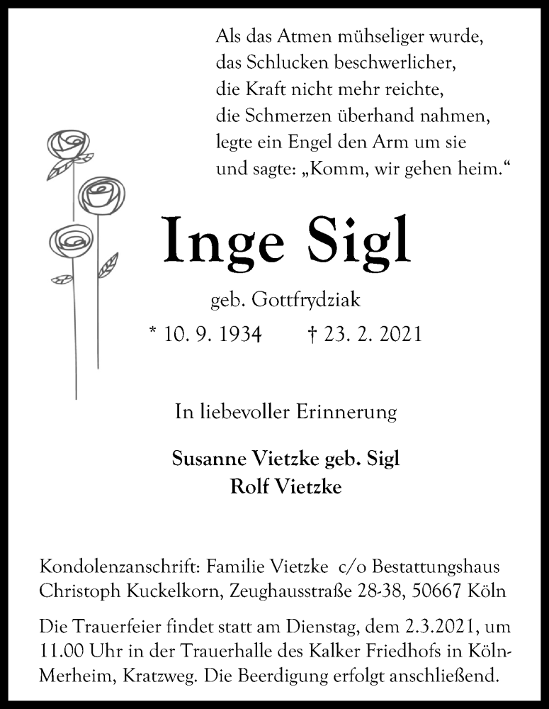  Traueranzeige für Inge Sigl vom 27.02.2021 aus Kölner Stadt-Anzeiger / Kölnische Rundschau / Express