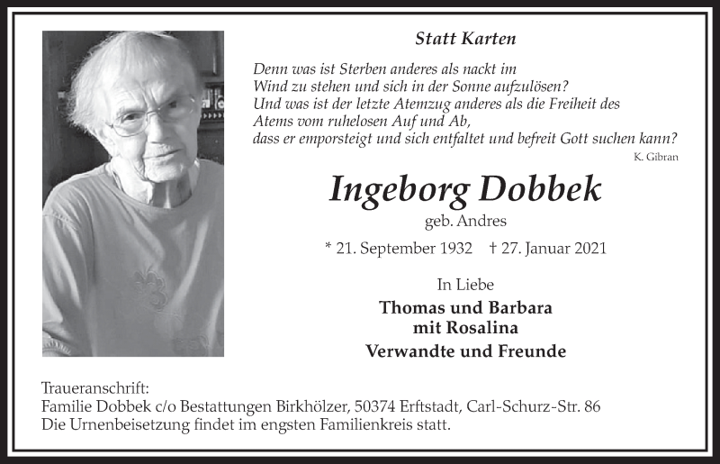  Traueranzeige für Ingeborg Dobbek vom 12.02.2021 aus  Werbepost 