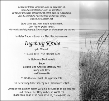 Anzeige von Ingeborg Krohe von  Anzeigen Echo 