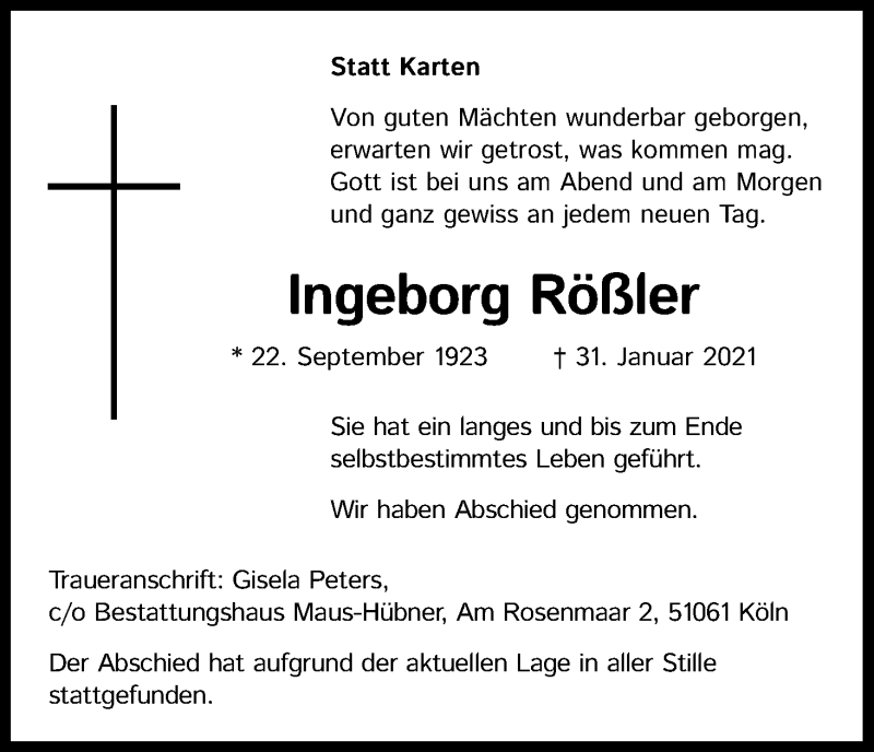  Traueranzeige für Ingeborg Rößler vom 27.02.2021 aus Kölner Stadt-Anzeiger / Kölnische Rundschau / Express