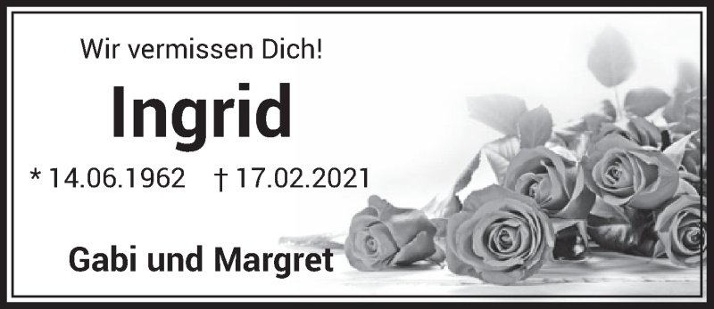 Traueranzeige für Ingrid  vom 26.02.2021 aus  Schlossbote/Werbekurier 