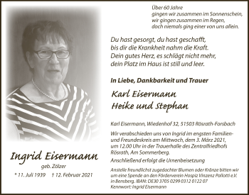 Anzeige von Ingrid Eisermann von  Bergisches Handelsblatt 