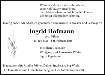 Anzeige von Ingrid Hofmann von Kölner Stadt-Anzeiger / Kölnische Rundschau / Express