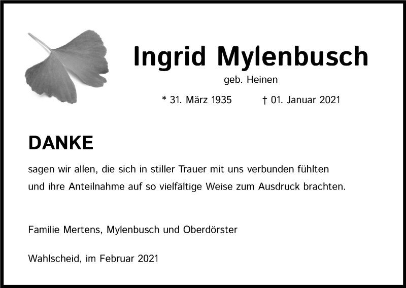  Traueranzeige für Ingrid Mylenbusch vom 06.02.2021 aus Kölner Stadt-Anzeiger / Kölnische Rundschau / Express