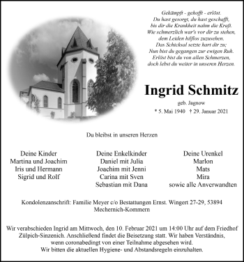 Anzeige von Ingrid Schmitz von  Blickpunkt Euskirchen 