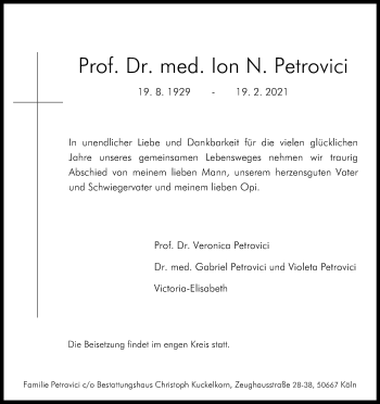 Anzeige von Ion Petrovici von Kölner Stadt-Anzeiger / Kölnische Rundschau / Express