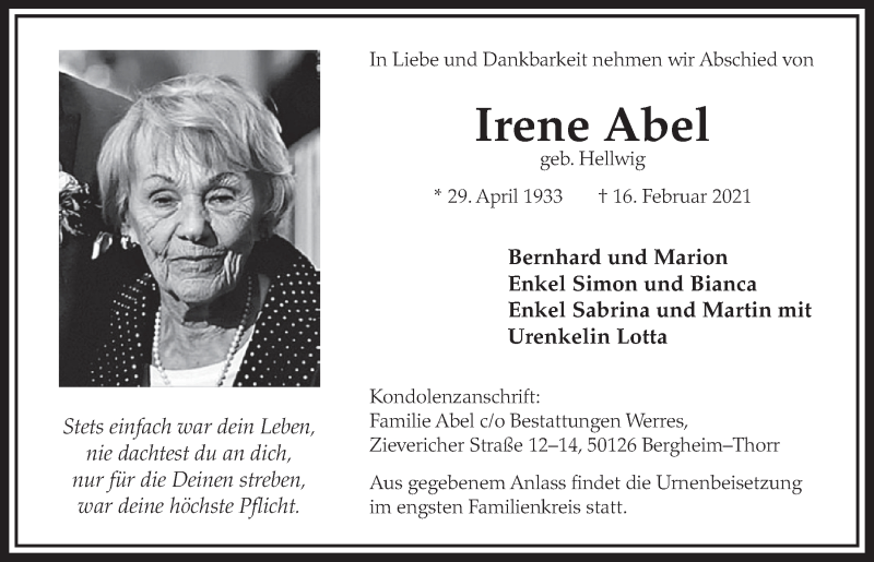  Traueranzeige für Irene Abel vom 26.02.2021 aus  Werbepost 
