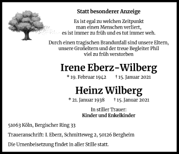 Anzeige von Irene Eberz-Wilberg von Kölner Stadt-Anzeiger / Kölnische Rundschau / Express