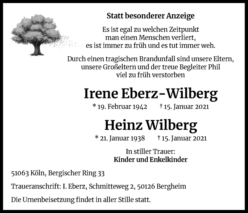 Traueranzeige für Irene Eberz-Wilberg vom 06.02.2021 aus Kölner Stadt-Anzeiger / Kölnische Rundschau / Express