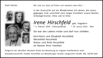 Anzeige von Irene Hirschfeld von Kölner Stadt-Anzeiger / Kölnische Rundschau / Express