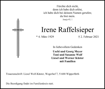 Anzeige von Irene Raffelsieper von Kölner Stadt-Anzeiger / Kölnische Rundschau / Express