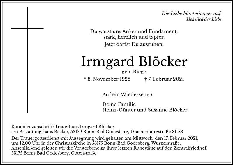  Traueranzeige für Irmgard Blöcker vom 13.02.2021 aus Kölner Stadt-Anzeiger / Kölnische Rundschau / Express