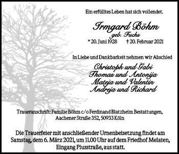Anzeige von Irmgard Böhm von Kölner Stadt-Anzeiger / Kölnische Rundschau / Express