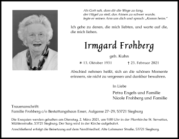 Anzeige von Irmgard Frohberg von Kölner Stadt-Anzeiger / Kölnische Rundschau / Express