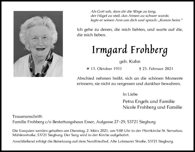  Traueranzeige für Irmgard Frohberg vom 25.02.2021 aus Kölner Stadt-Anzeiger / Kölnische Rundschau / Express