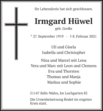 Anzeige von Irmgard Hüwel von  Kölner Wochenspiegel 