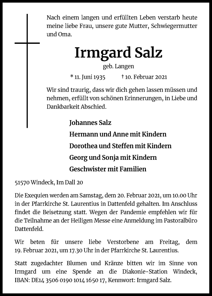  Traueranzeige für Irmgard Salz vom 17.02.2021 aus Kölner Stadt-Anzeiger / Kölnische Rundschau / Express