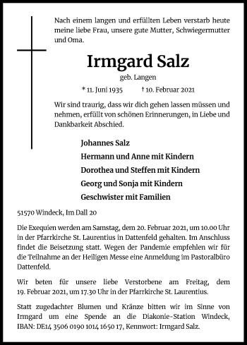 Anzeige von Irmgard Salz von Kölner Stadt-Anzeiger / Kölnische Rundschau / Express