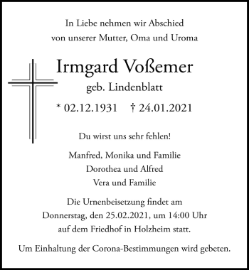Anzeige von Irmgard Voßemer von  Blickpunkt Euskirchen 