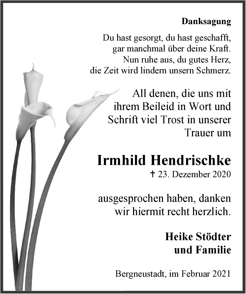  Traueranzeige für Irmhild Hendrischke vom 05.02.2021 aus  Anzeigen Echo 