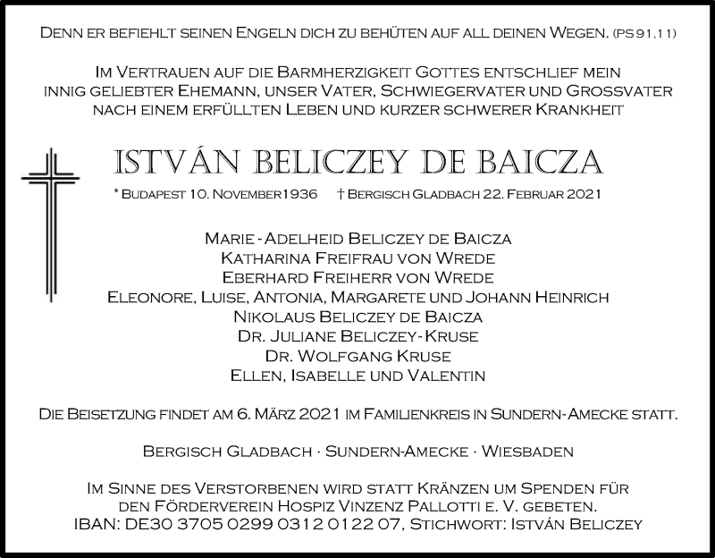  Traueranzeige für Istvan Beliczey de Baicza vom 27.02.2021 aus Kölner Stadt-Anzeiger / Kölnische Rundschau / Express