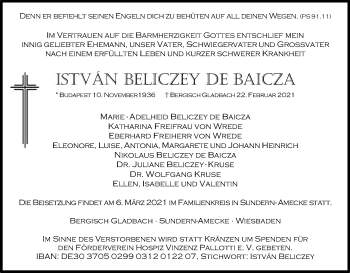 Anzeige von Istvan Beliczey de Baicza von Kölner Stadt-Anzeiger / Kölnische Rundschau / Express