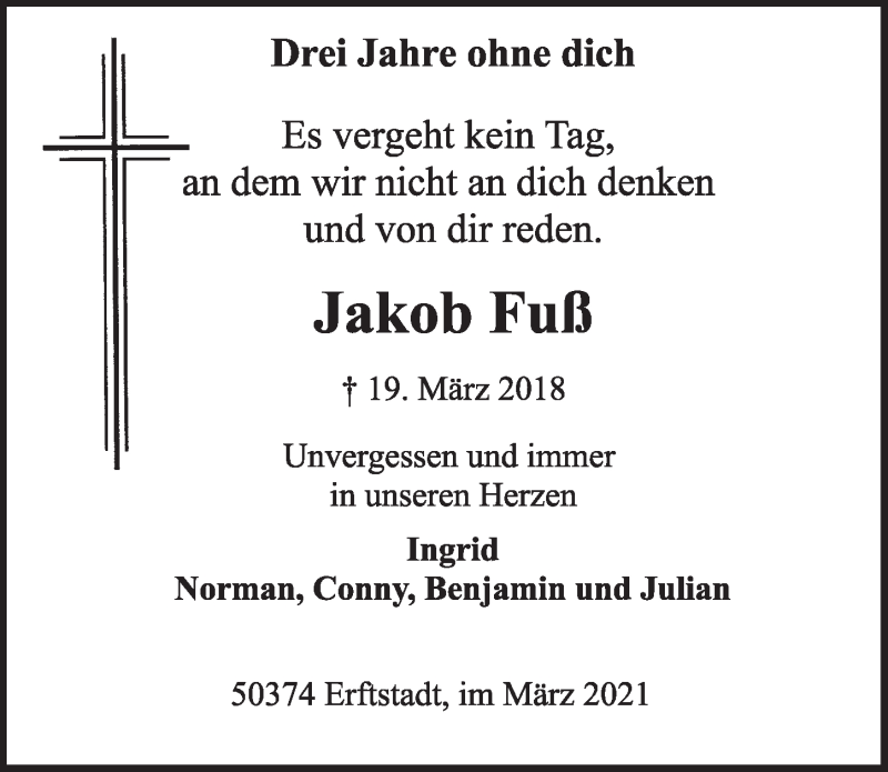  Traueranzeige für Jakob Fuß vom 19.02.2021 aus  Werbepost 